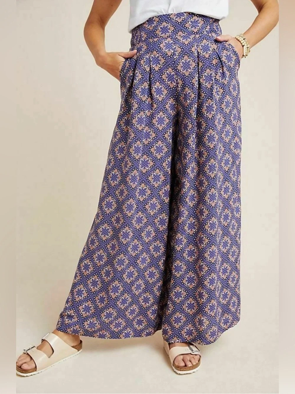 Anthropologie MAEVE Pants TERRACE FLORAL Palazzo Purple Peach Pull On Size 2